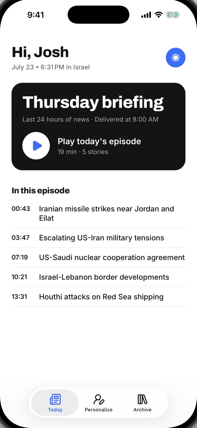 Daily Lion app showing today's briefing, ready to play